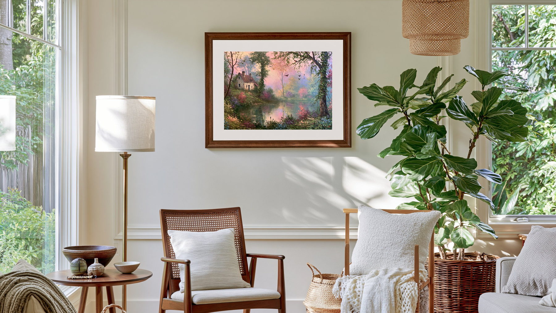 A framed WendMeadow countryside painting hanging in a bright, plant-filled living room