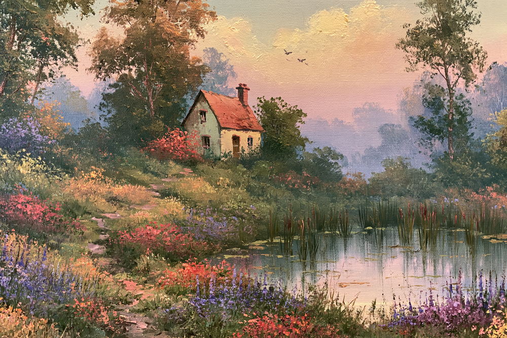 Red-roofed French cottage above a pond ringed with wildflowers