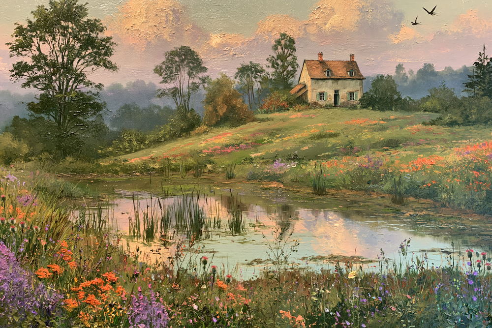 Cottage on a green hillside overlooking a quiet marsh