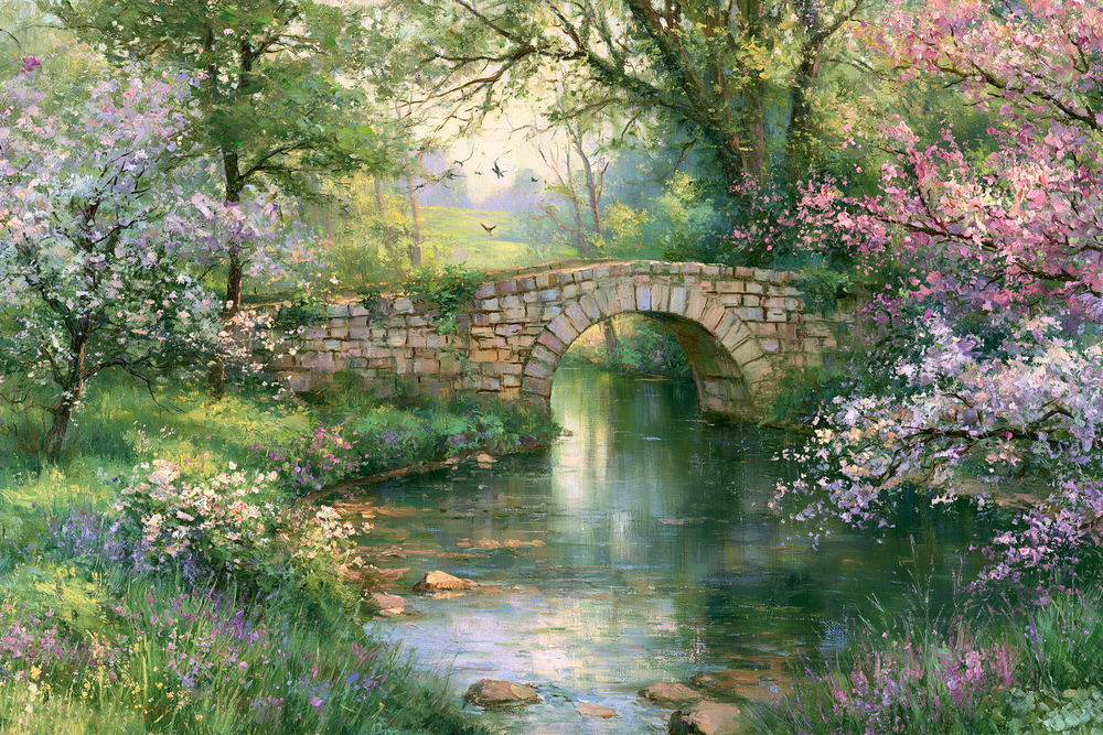 Stone bridge over a stream framed by white blossom