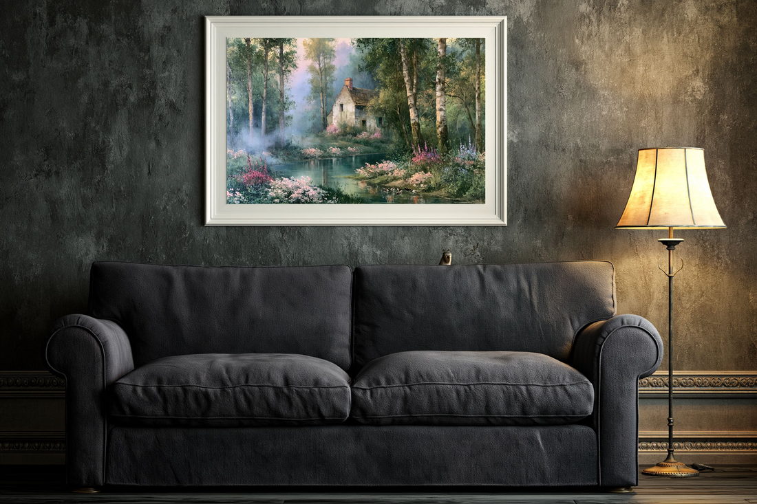 Framed print on a dark plaster wall above a charcoal sofa