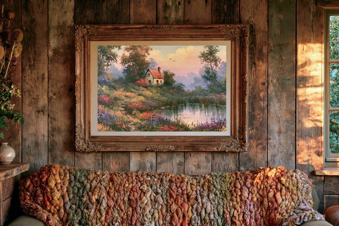 Gold-framed print on a rustic wood wall above a knitted throw