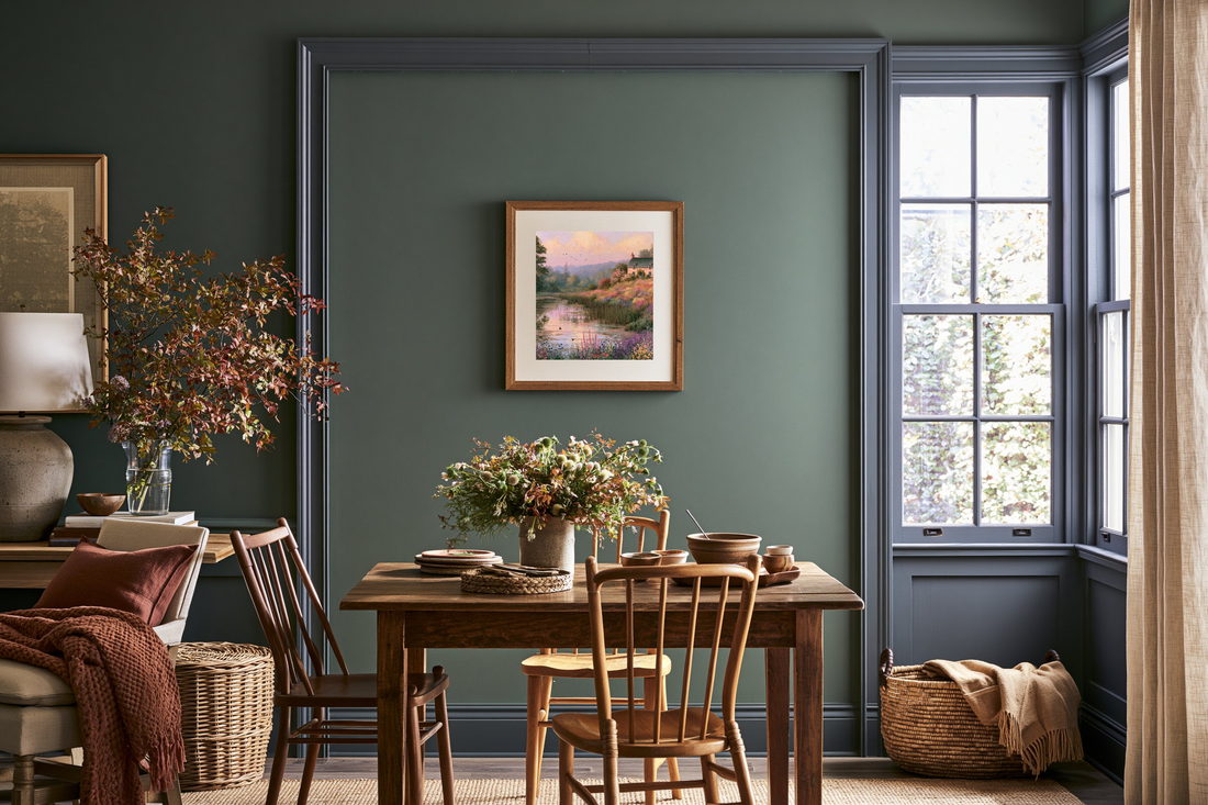 Framed print above a dining table in a sage green room